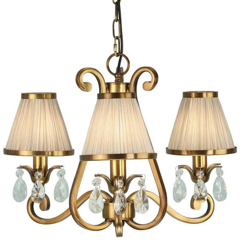 Esher Ceiling Pendant Chandelier Brass Crystal & Beige Shades 3 Lamp Light
