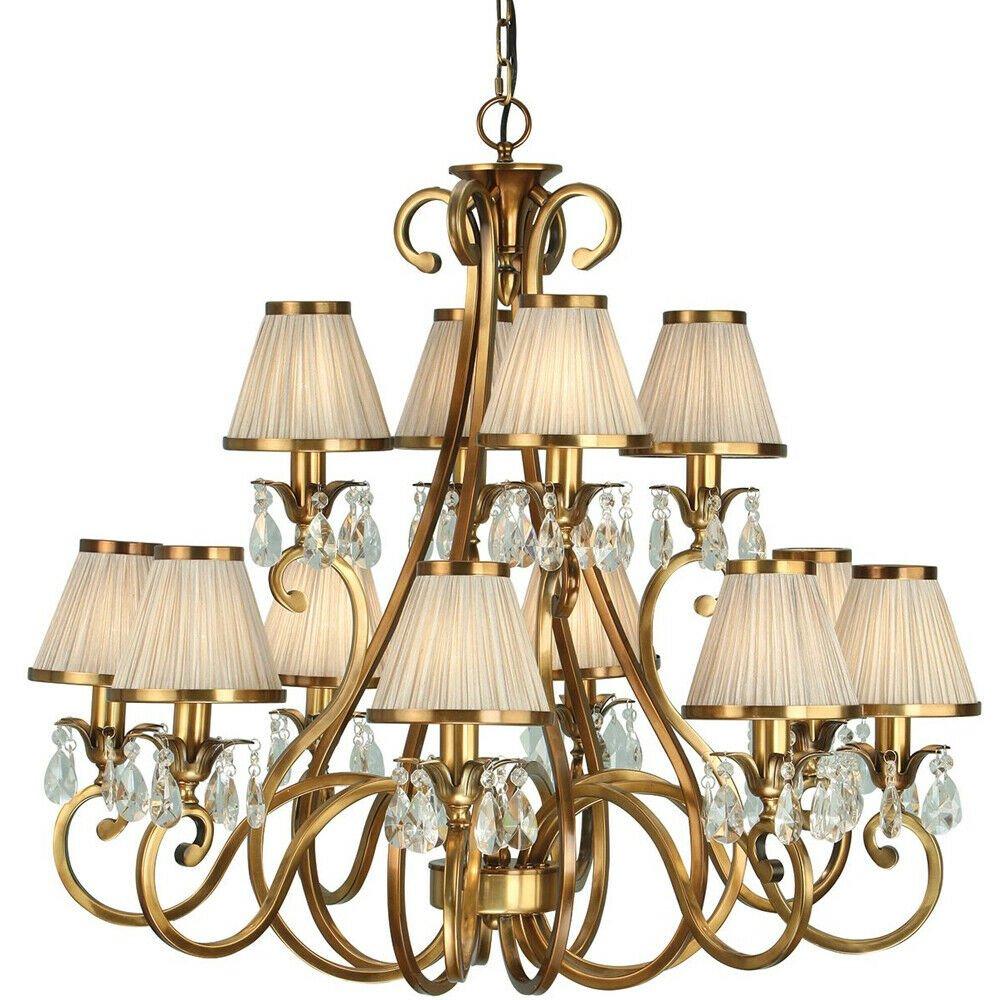 Esher Ceiling Pendant Chandelier Brass Crystal & Beige Shades 12 Lamp Light