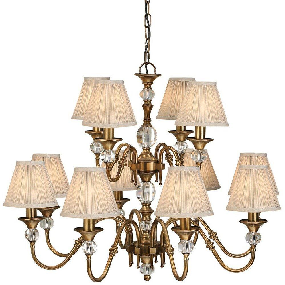 Diana Ceiling Pendant Chandelier Antique Brass & Beige Pleat Shade 12 Lamp Light