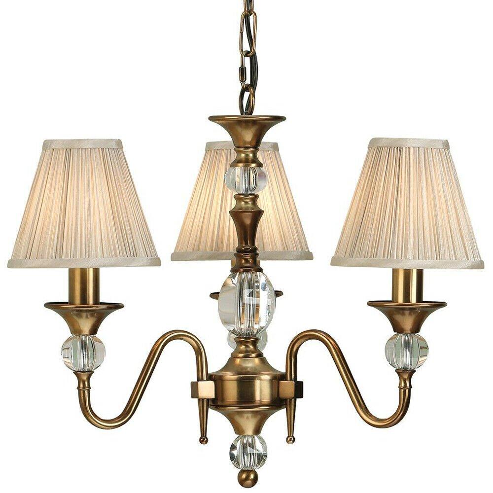 Diana Ceiling Pendant Chandelier Antique Brass & Beige Pleat Shade 3 Lamp Light