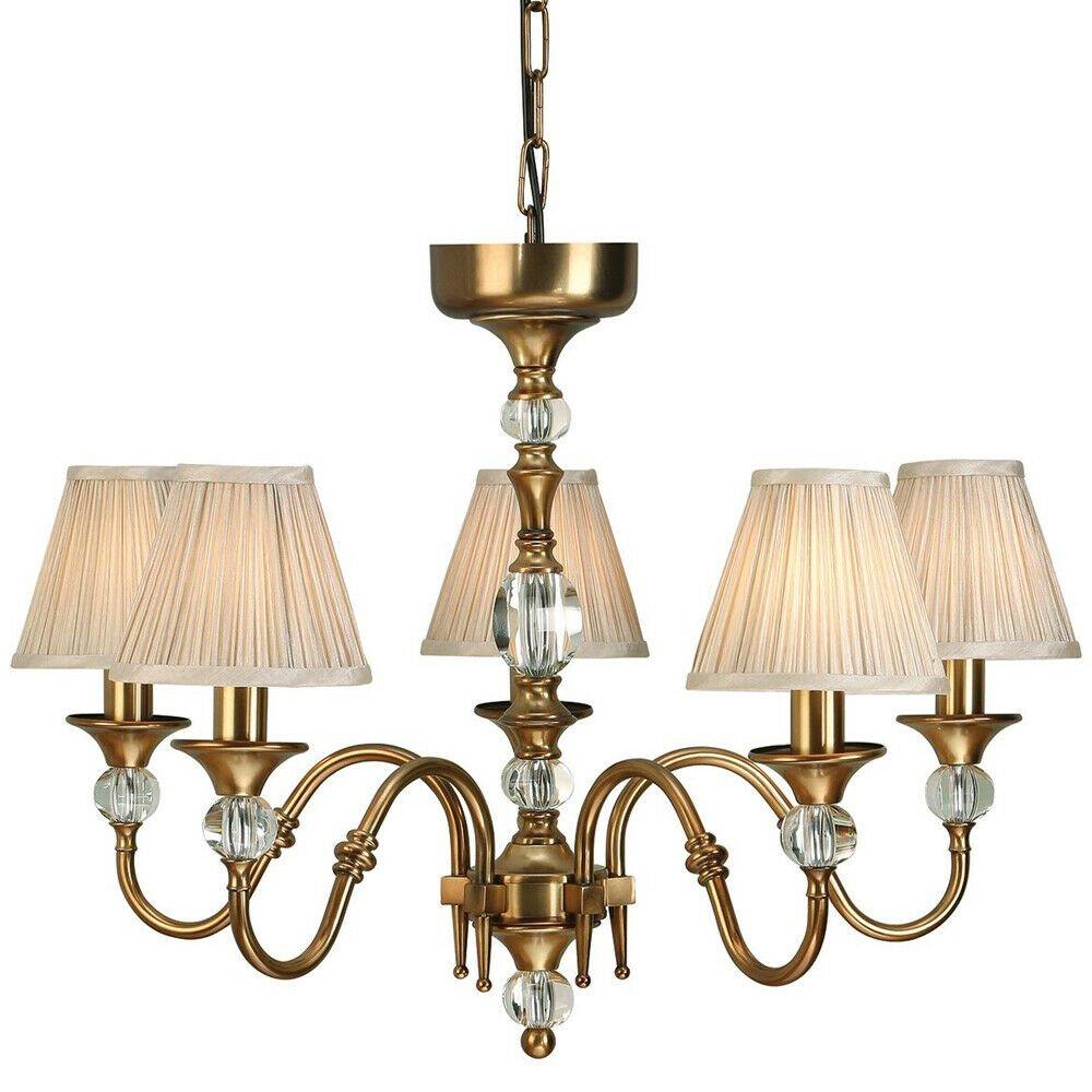 Diana Ceiling Pendant Chandelier Antique Brass & Beige Pleat Shade 5 Lamp Light