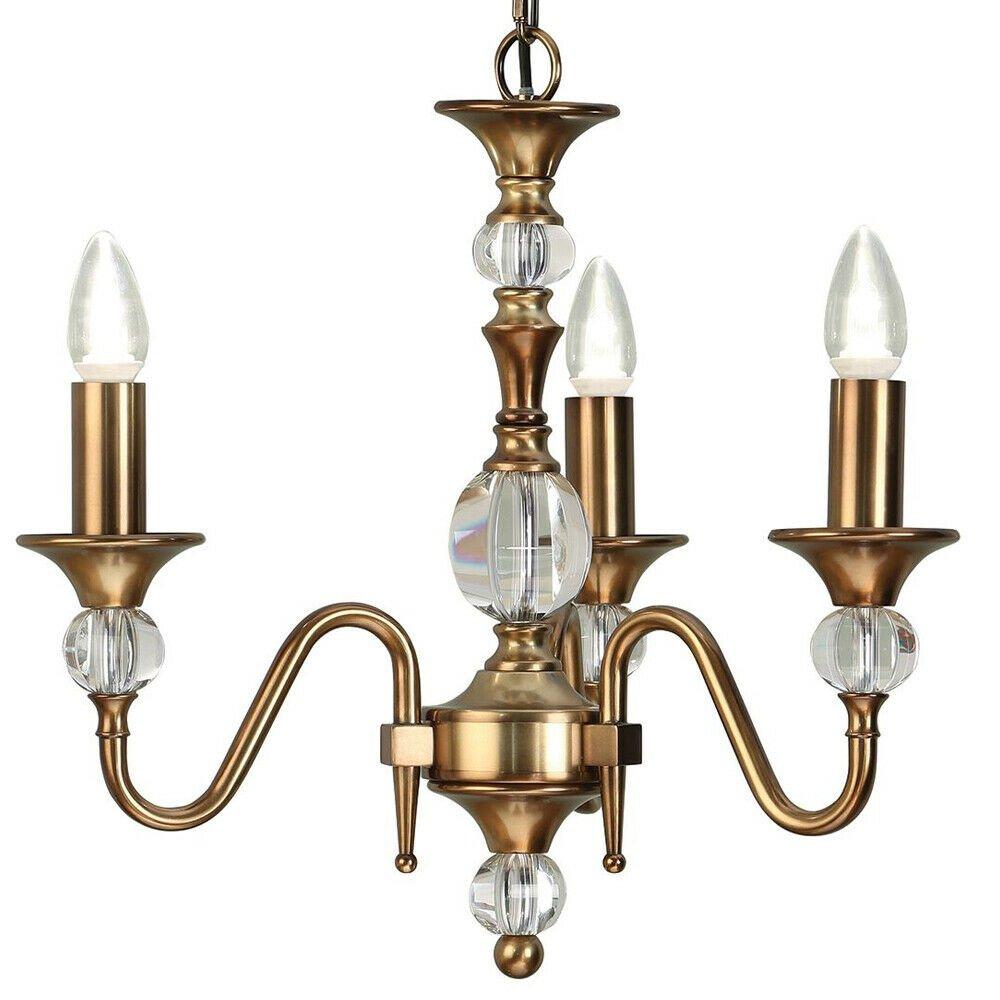 Diana Ceiling Pendant Chandelier Antique Brass & K9 Crystal Curved 3 Lamp Light