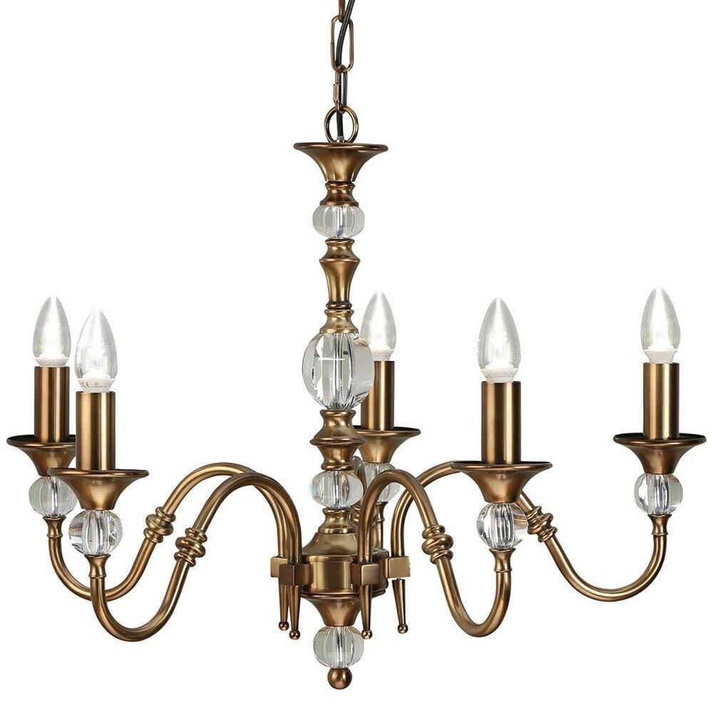 Diana Ceiling Pendant Chandelier Antique Brass & K9 Crystal Curved 5 Lamp Light