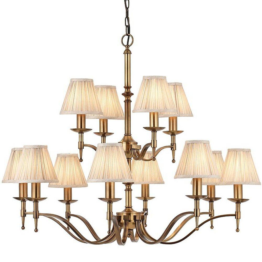 Avery Ceiling Pendant Chandelier Light 12 Lamp Antique Brass & Beige Pleat Shade