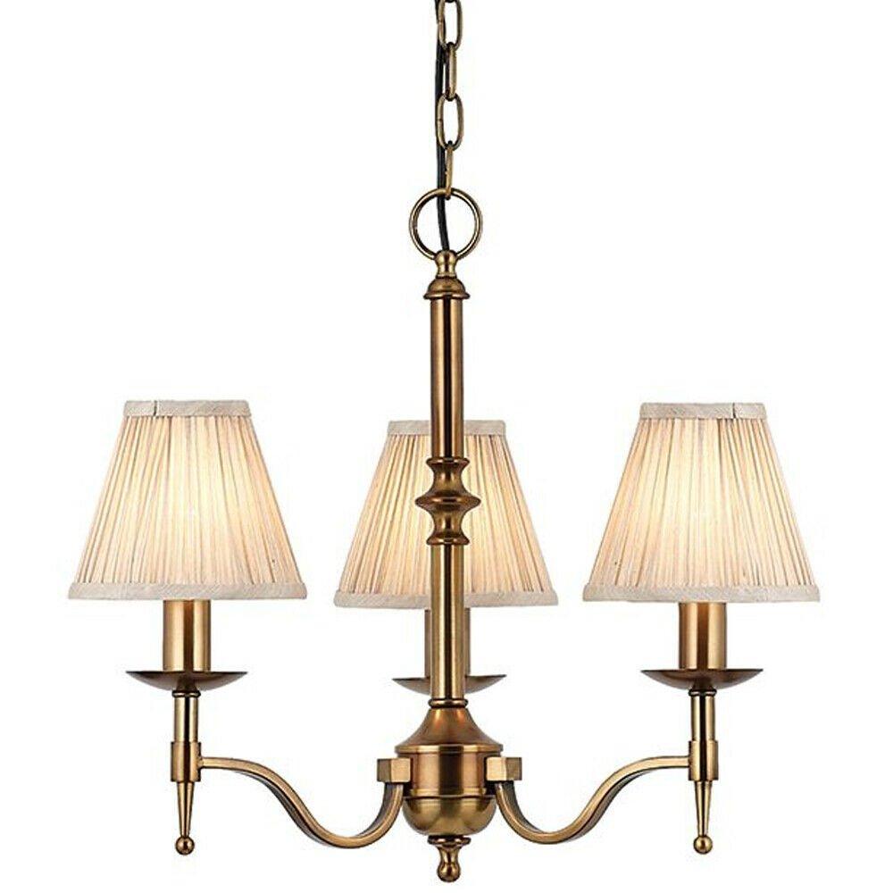 Avery Ceiling Pendant Chandelier Light 3 Lamp Antique Brass & Beige Pleat Shade