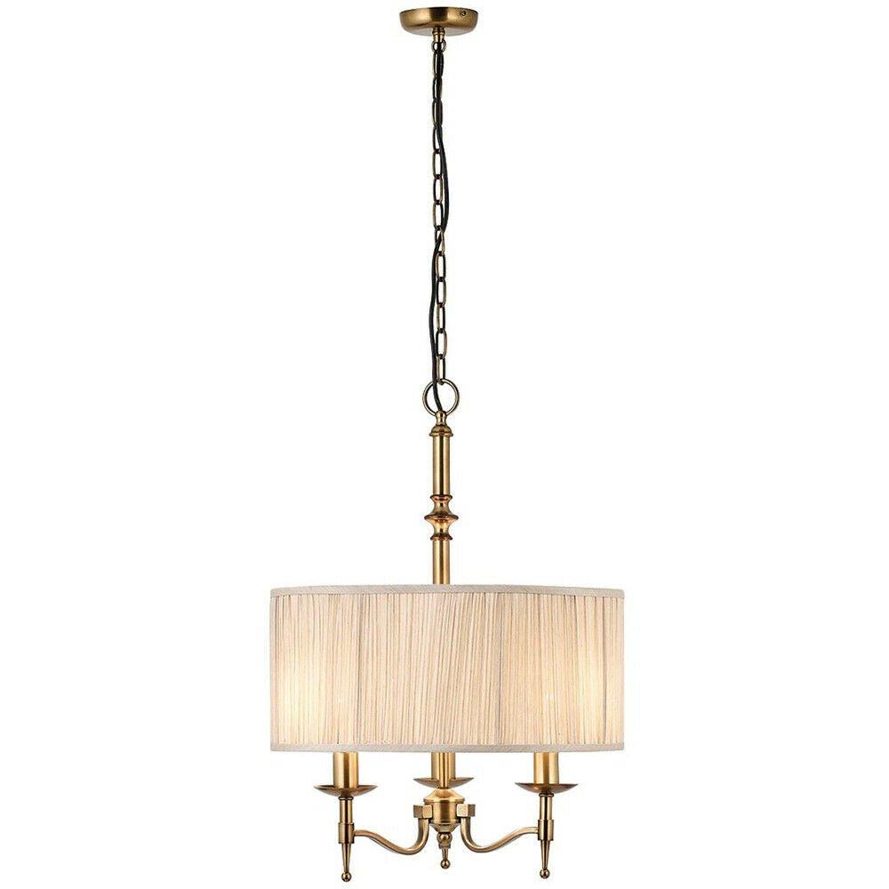Avery Ceiling Pendant Chandelier Light 3 Lamp Antique Brass & Beige Round Shade