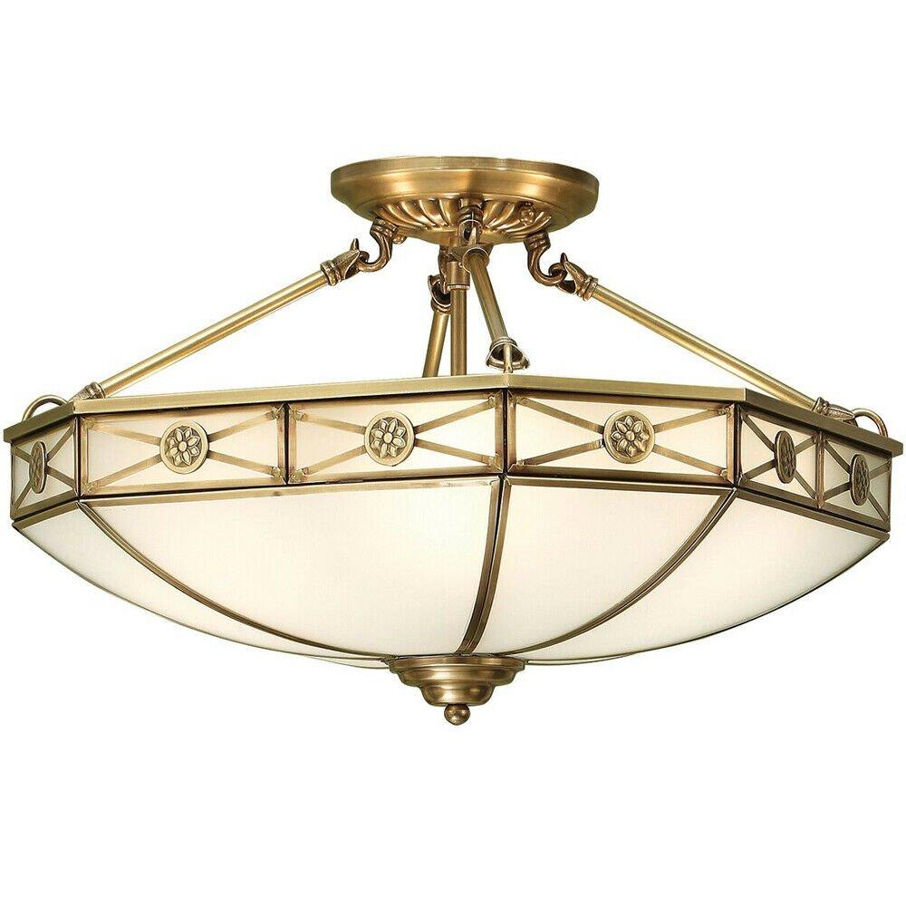 Luxury Semi Flush Ceiling Light Antique Brass Frosted Glass Traditional Pattern