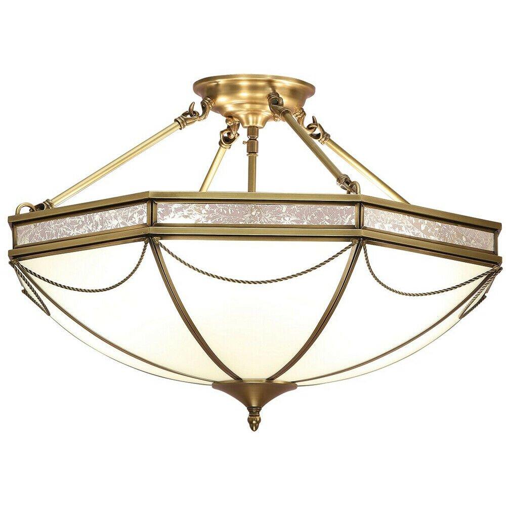 Luxury Semi Flush 3 Lamp Ceiling Light Traditional Antique Brass & Frosted Glass