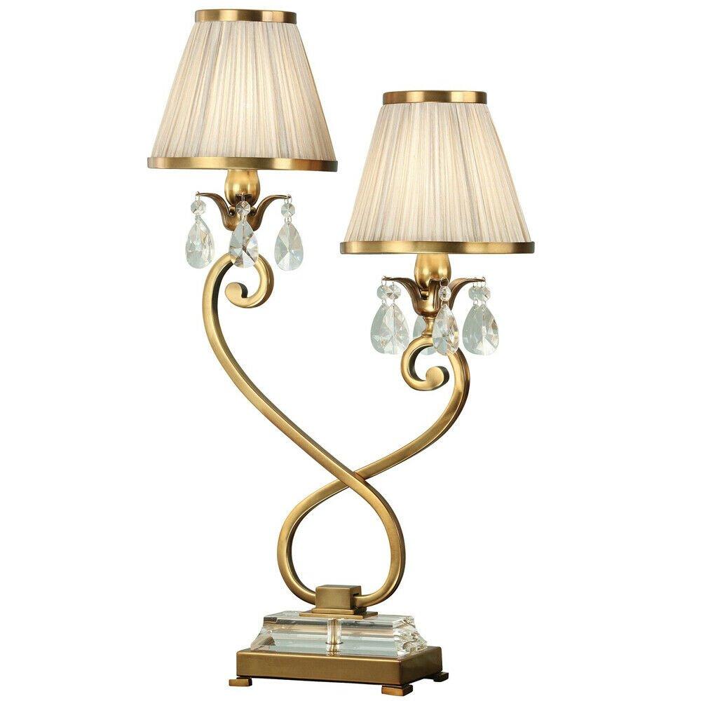 Esher Luxury Twin Table Lamp Brass Crystal Beige Shade Traditional Bulb Holder