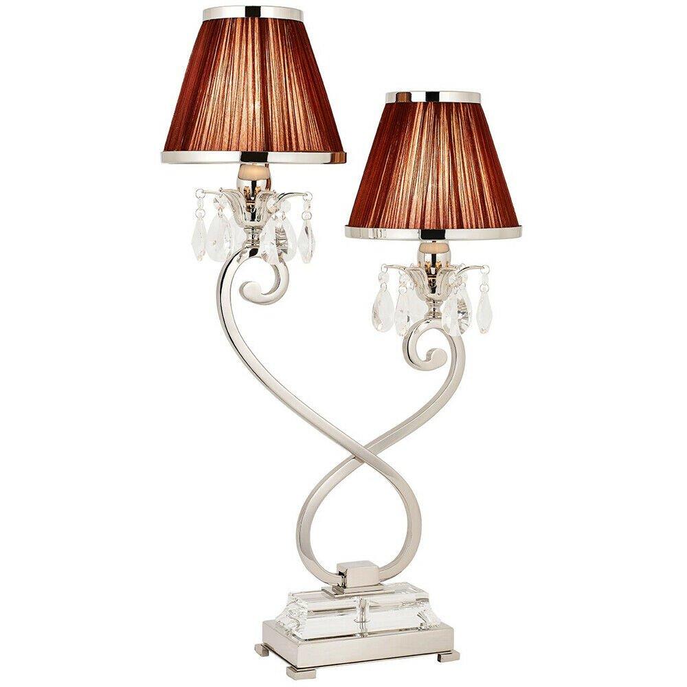 Esher Luxury Twin Table Lamp Nickel Crystal Brown Shade Traditional Bulb Holder