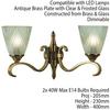 Loops Luxury Traditional Twin Wall Light Antique Brass Art Deco Glass Shade Dimmable thumbnail 2