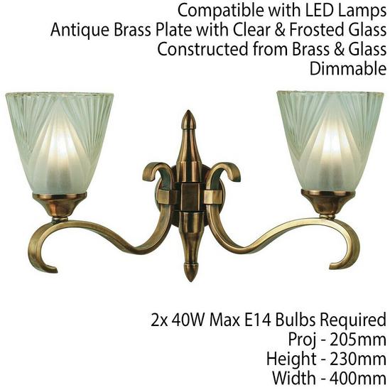 Loops Luxury Traditional Twin Wall Light Antique Brass Art Deco Glass Shade Dimmable 2