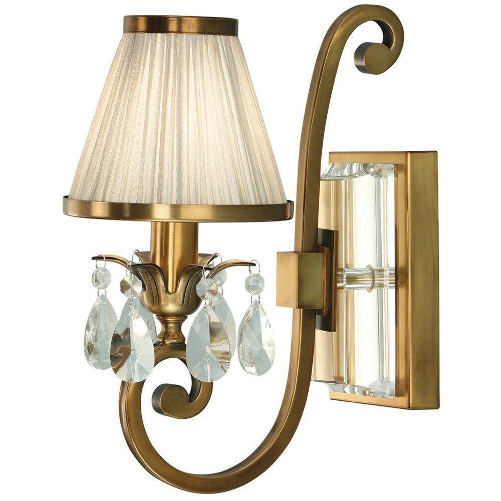 Esher Luxury Single Curved Arm Traditional Wall Light Brass Crystal Beige Shade