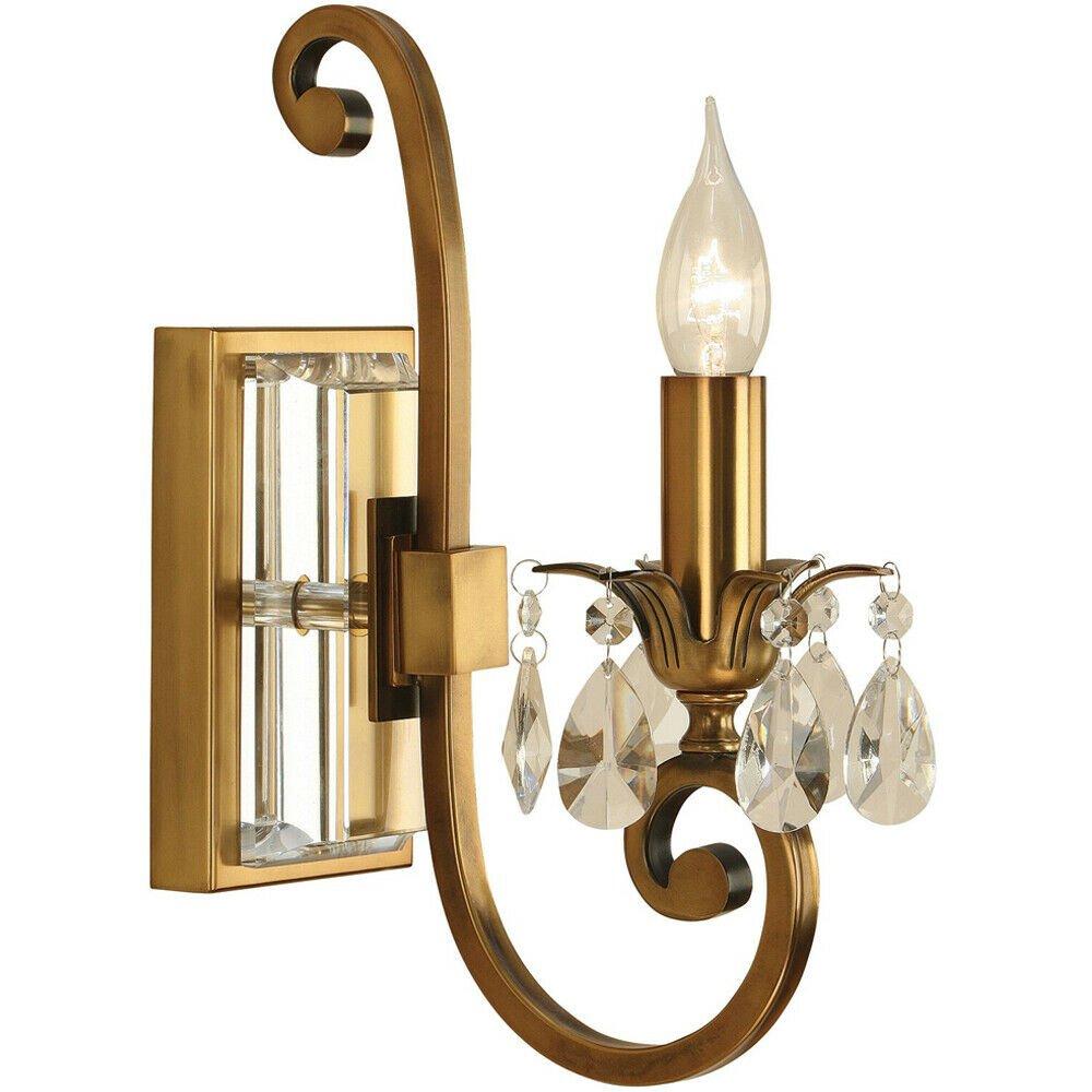 Esher Luxury Single Curved Arm Traditional Wall Light Antique Brass Crystal Drop