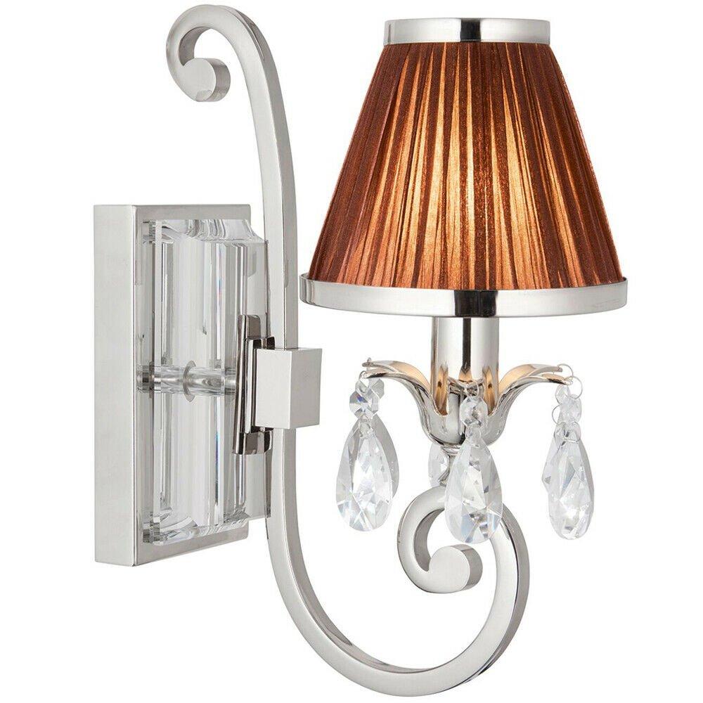 Esher Luxury Single Curved Arm Traditional Wall Light Nickel Crystal Brown Shade