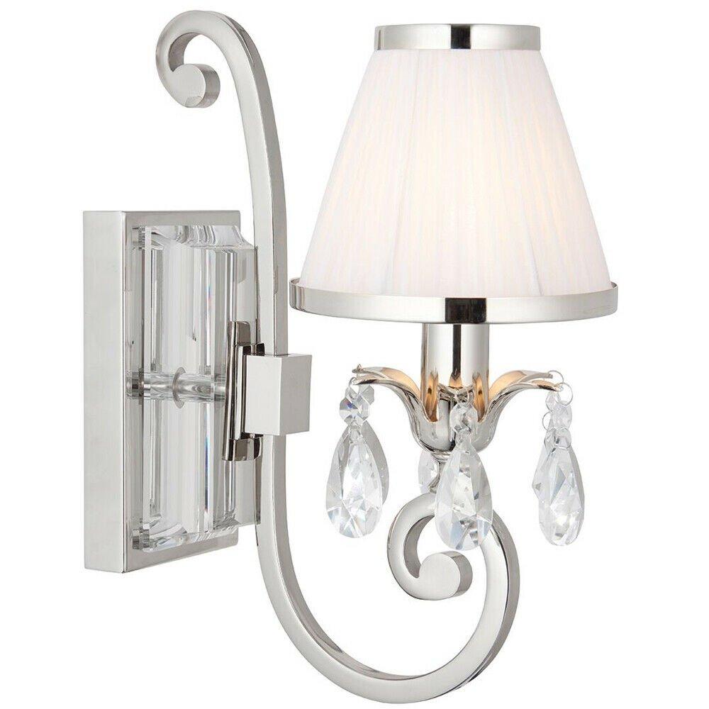 Esher Luxury Single Curved Arm Traditional Wall Light Nickel Crystal White Shade