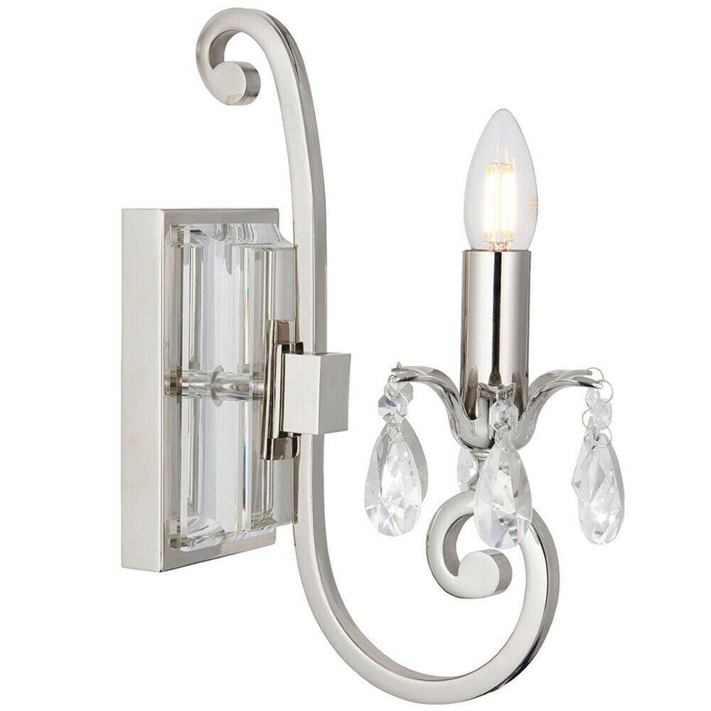 Esher Luxury Single Curved Arm Traditional Wall Light Bright Nickel Crystal Drop