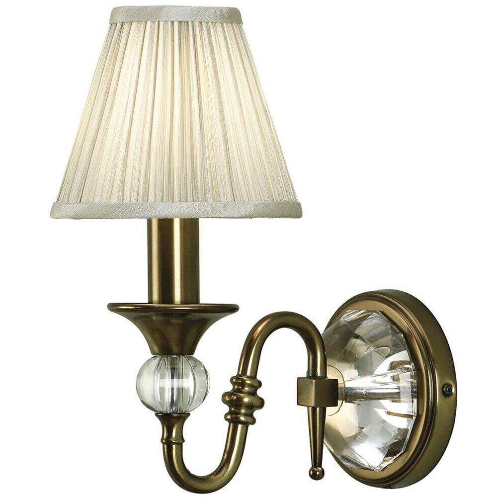 Diana Luxury Single Curved Arm Traditional Wall Light Brass Crystal Beige Shade