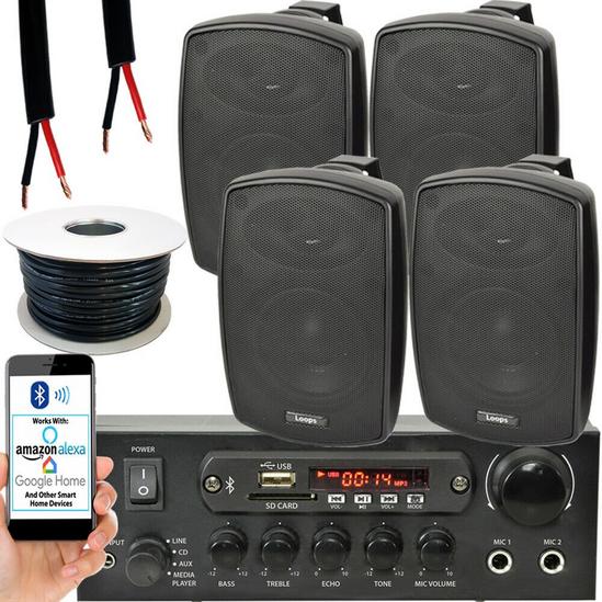 Loops Outdoor Bluetooth Speaker Kit 4x 60W Black Stereo Amplifier Garden BBQ Parties 2