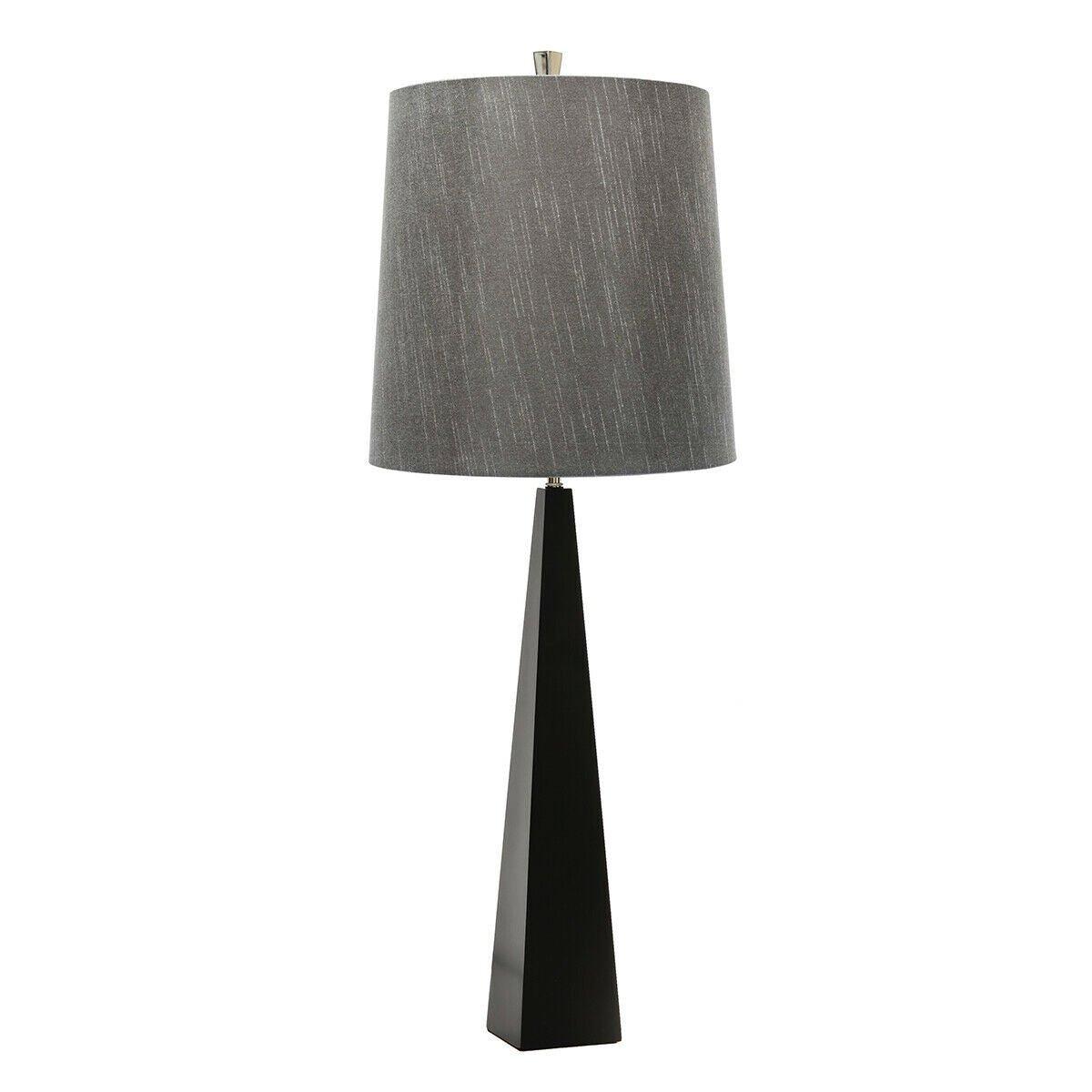 Square Table Lamp Tapered Column Dark Grey Faux Silk Shade Black LED E27 60W