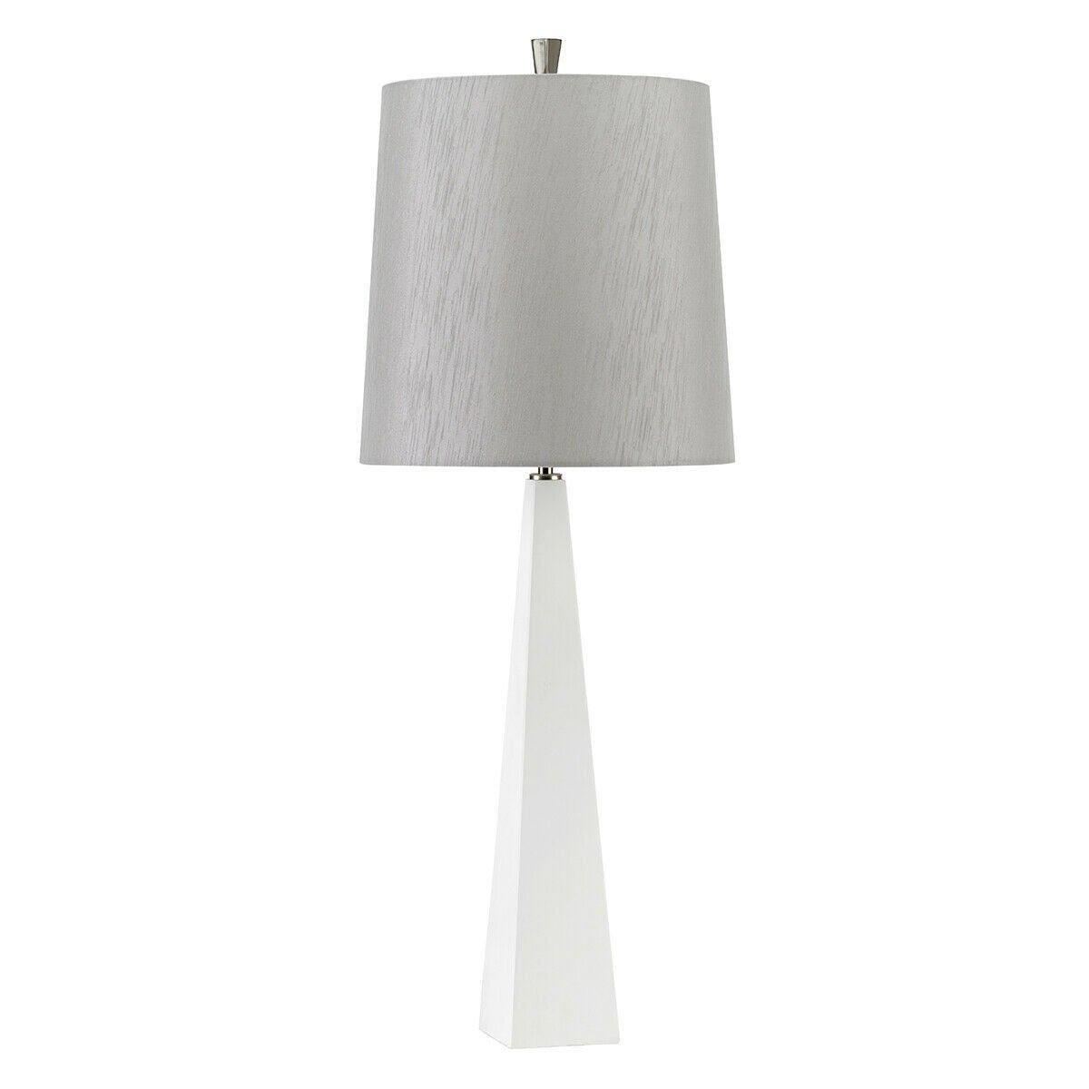 Square Table Lamp Tapered Column Light Grey Faux Silk Shade White LED E27 60W