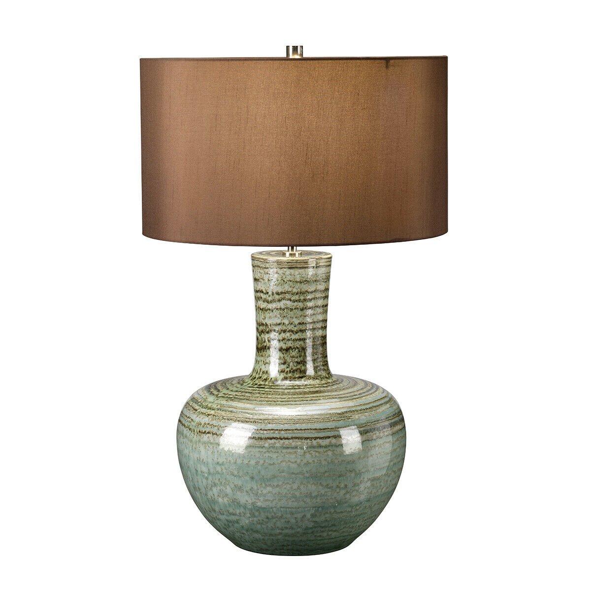 Table Lamp Brown Cylinder Shade Green Stripy Reactive Glaze LED E27 60W Bulb