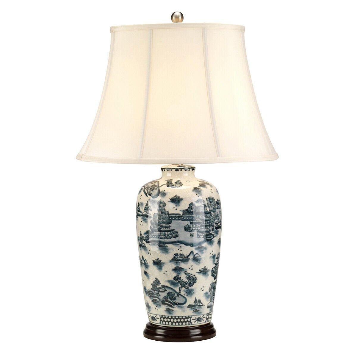 Table Lamp   Buildings & Willow Tree Design Cream Shade Blue LED E27 60W