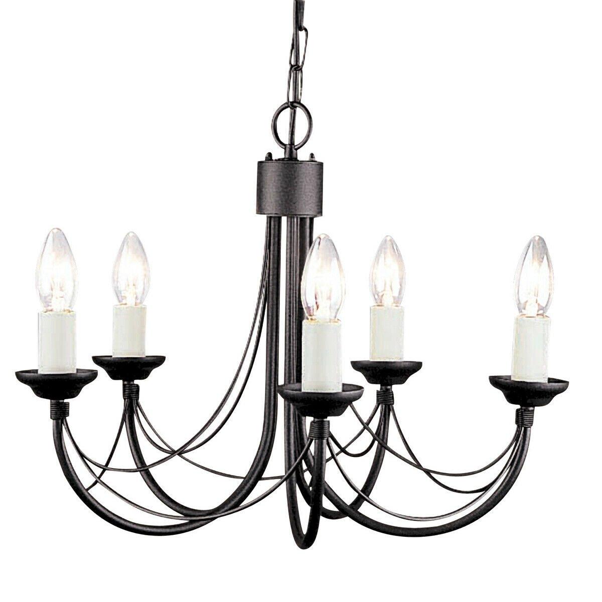 5 Bulb Chandelier Light Gothic Style Ivory Colour Candle Tube Black LED E14 60W