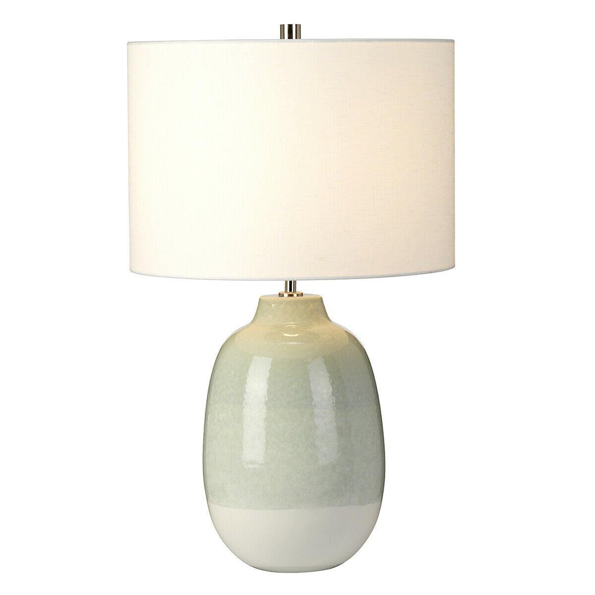 Table Lamp Pale Green to White White Faux Linen Drum Shade LED E27 60W Bulb