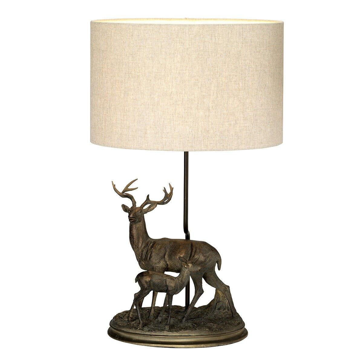 Table Lamp Stag & Fawn Statuette Natural Hessian Shade Bronze Patina LED E27 40w