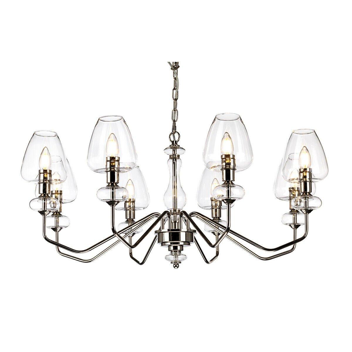 8 Bulb Chandelier Highly Polished Nickel Finish Clear Glass Shades LED E14 40W