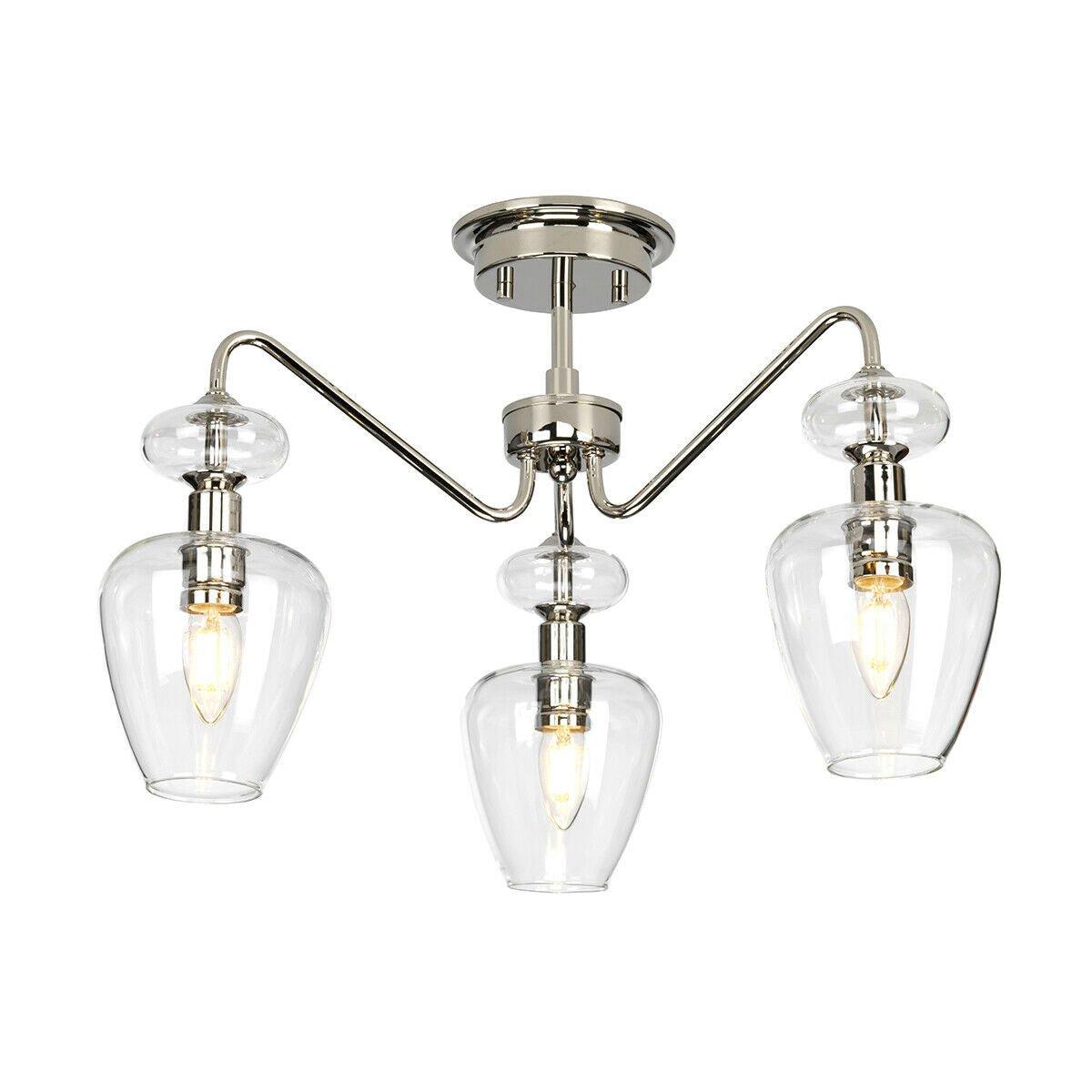3 Bulb Semi Flush Light Highly Polished Nickel Clear Glass Shades LED E14 40W