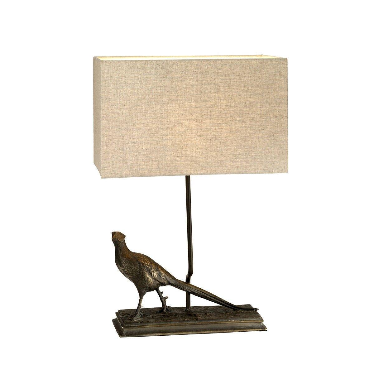 Table Lamp Pheasant Statuette Natural Hessian Shade Bronze Patina LED E27 40w