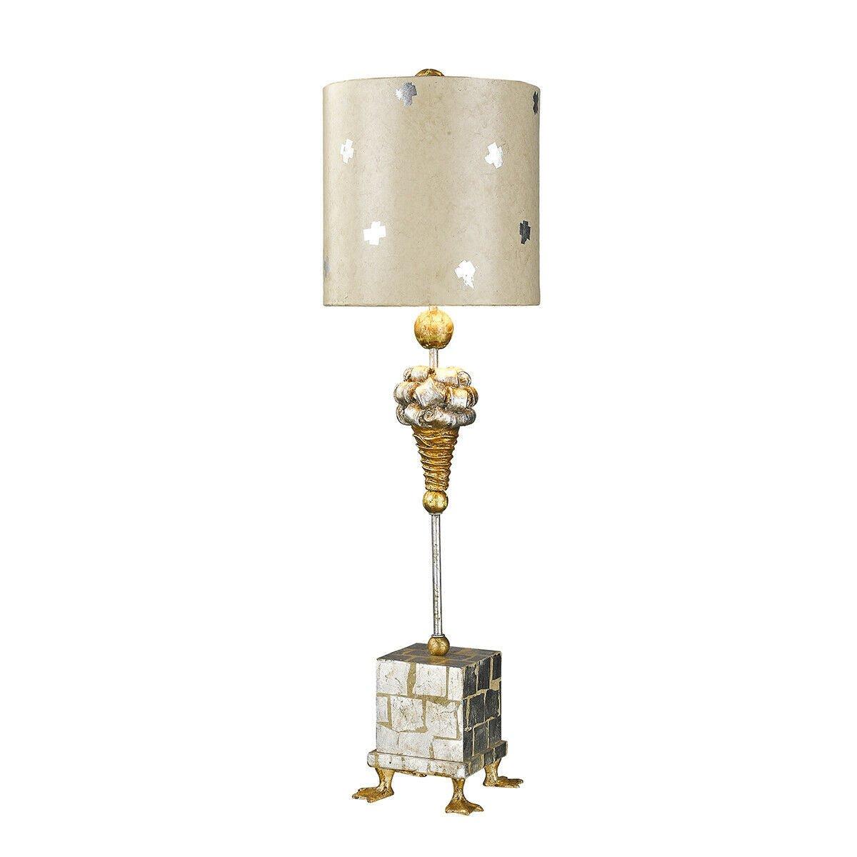 Table Lamp Duck Feet Square Base Cream & Silver Leaf Cylinder Shade LED E27 60W