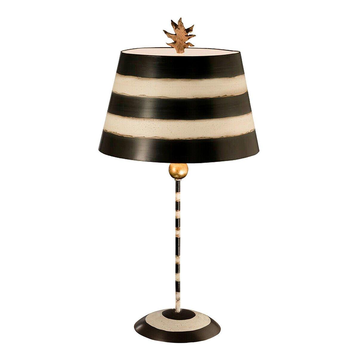 Table Lamp Striped Shade Palm Leaf Finial Black Cream Stem LED E27 100W