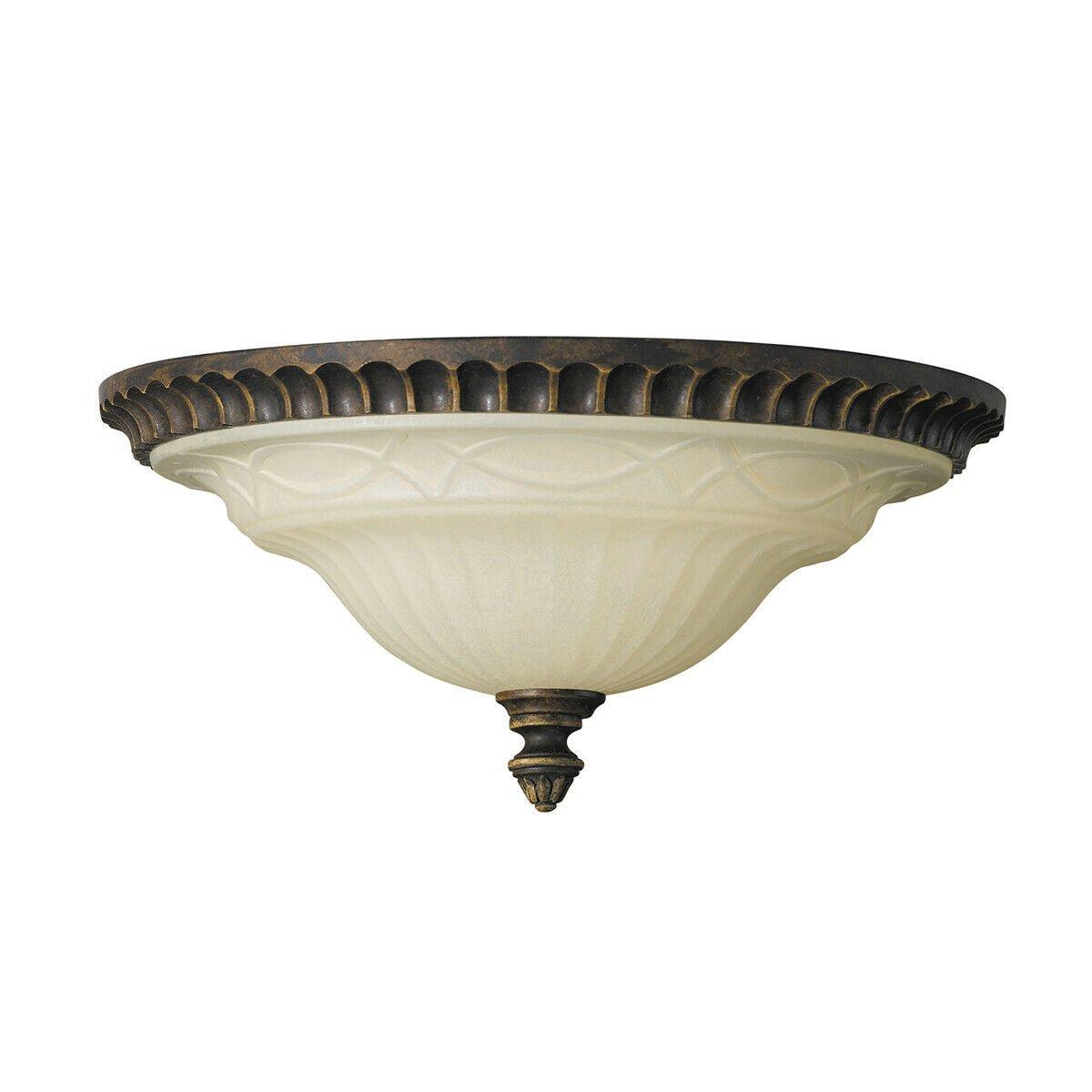 2 Bulb Flush Light Detailed Back Plate Glass Shade Walnut LED E27 60W