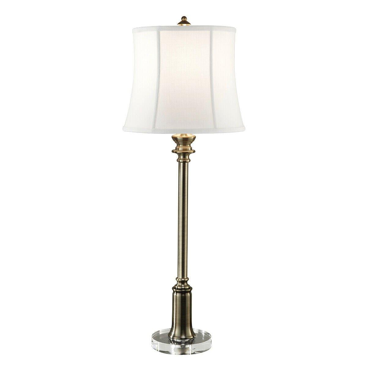 Table Lamp Taller Slim True White Cotton Linen Shade Bali Brass LED E27 60W