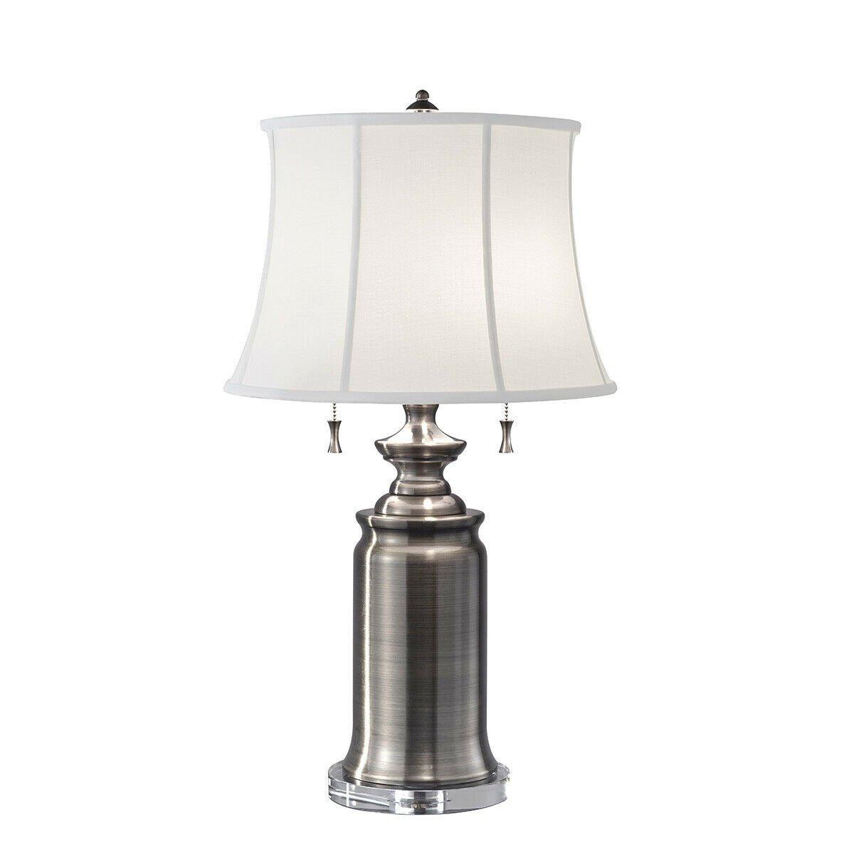 2 Bulb Twin Table Lamp True White Cotton Linen SHade Antique Nickel LED E27 60W