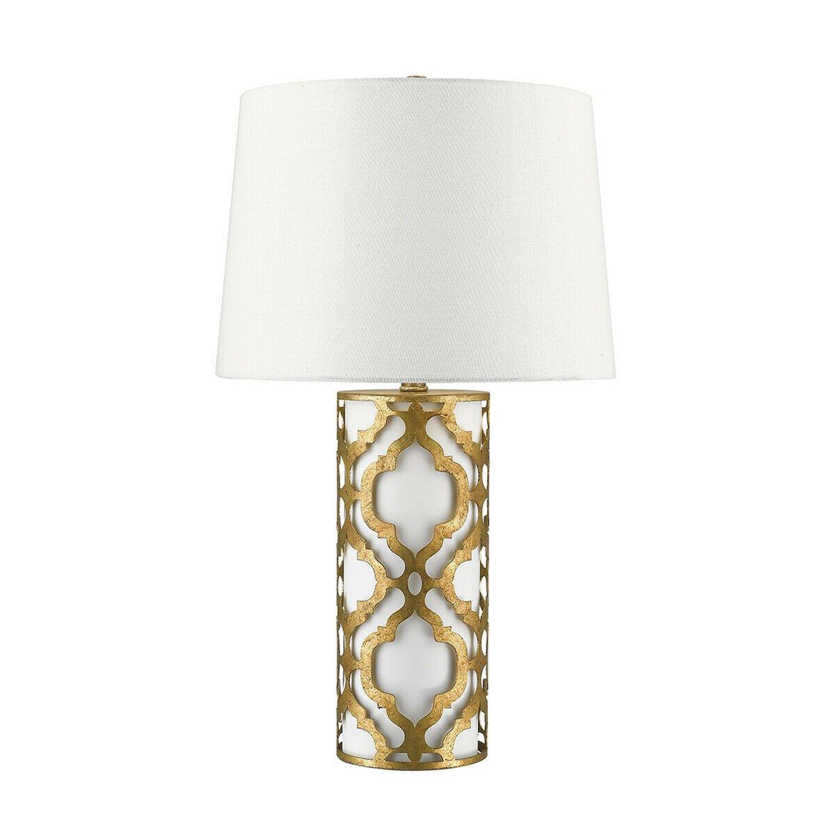 Table Lamp White Linen Shade Metal Outer Shade Distressed Gold LED E27 100W