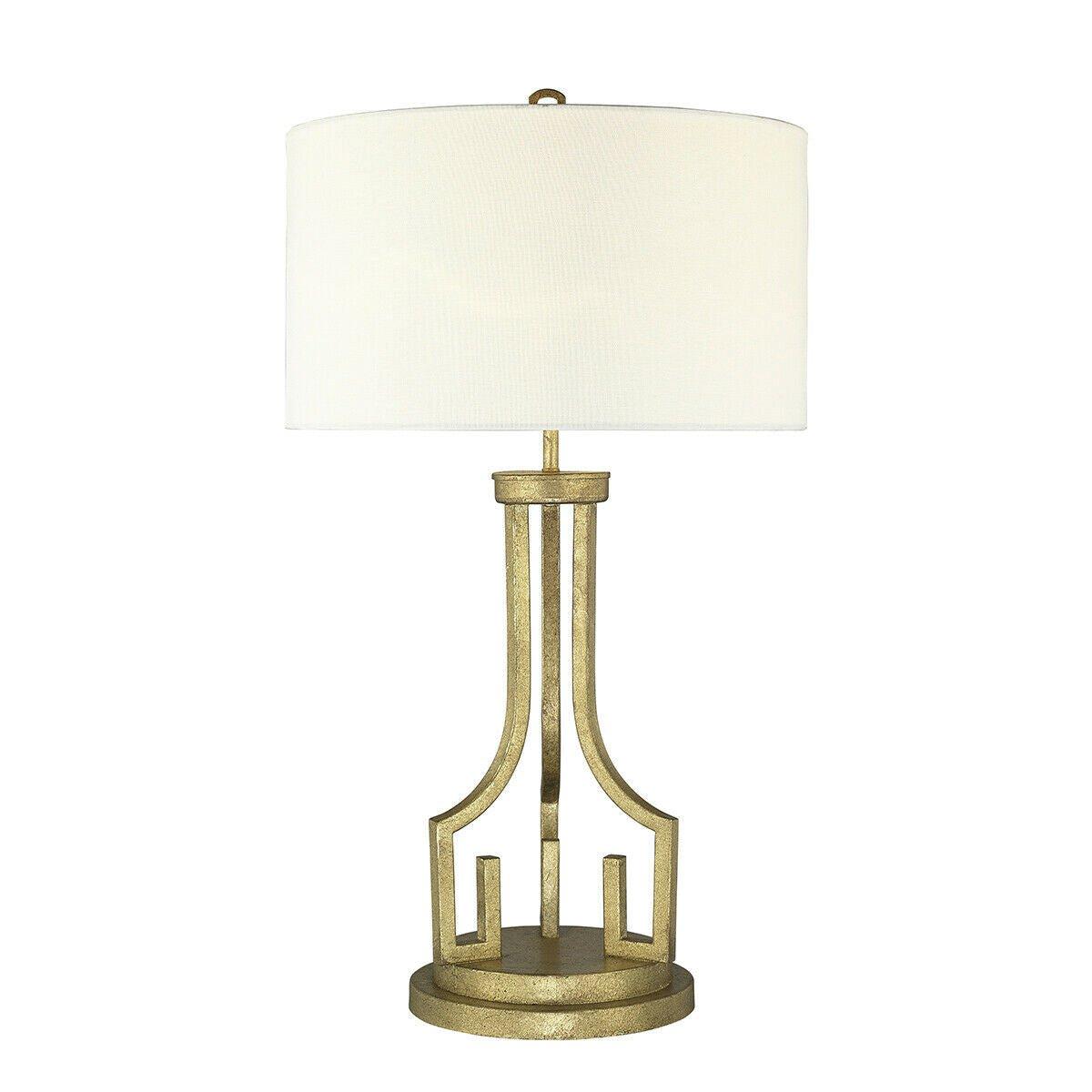 Table Lamp Grecian Key Motif Ivory Whie Linen ShadeDistressed Gold LED E27 100W