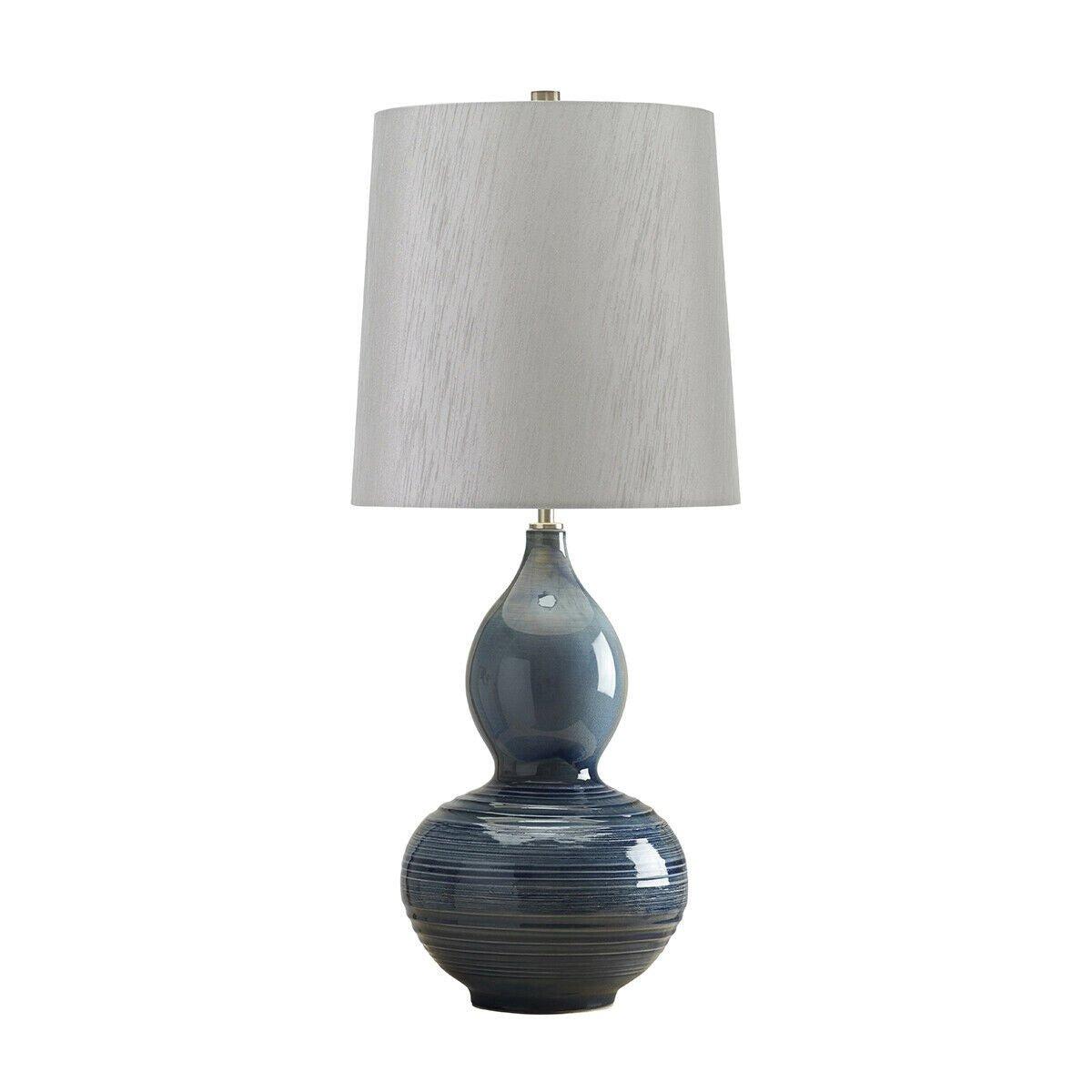 Table Lamp Textured Blue Reactive Glaze Light Grey Faux Silk Shade LED E27 60W