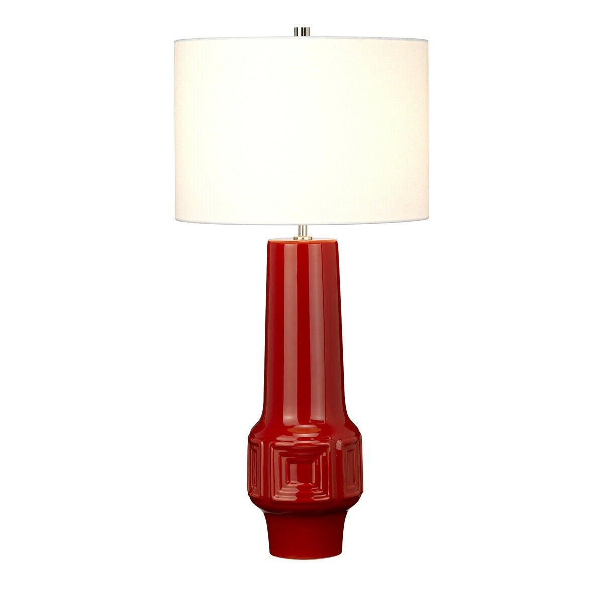 Table Lamp-Red Geometric Shape-White Faux Linen Cylinder Shade-LED E27 60W
