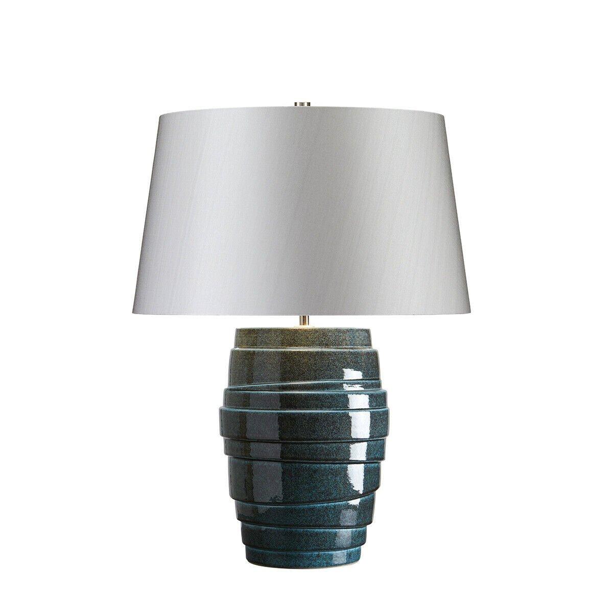 Table Lamp Linear Ridged Blue Glaze Silver Sheer Fabric Shade LED E27 60W