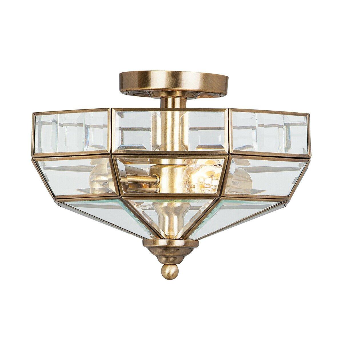 2 Bulb Semi Flush Light BevelLED Clear Glass Panels Antique Brass LED E27 60W