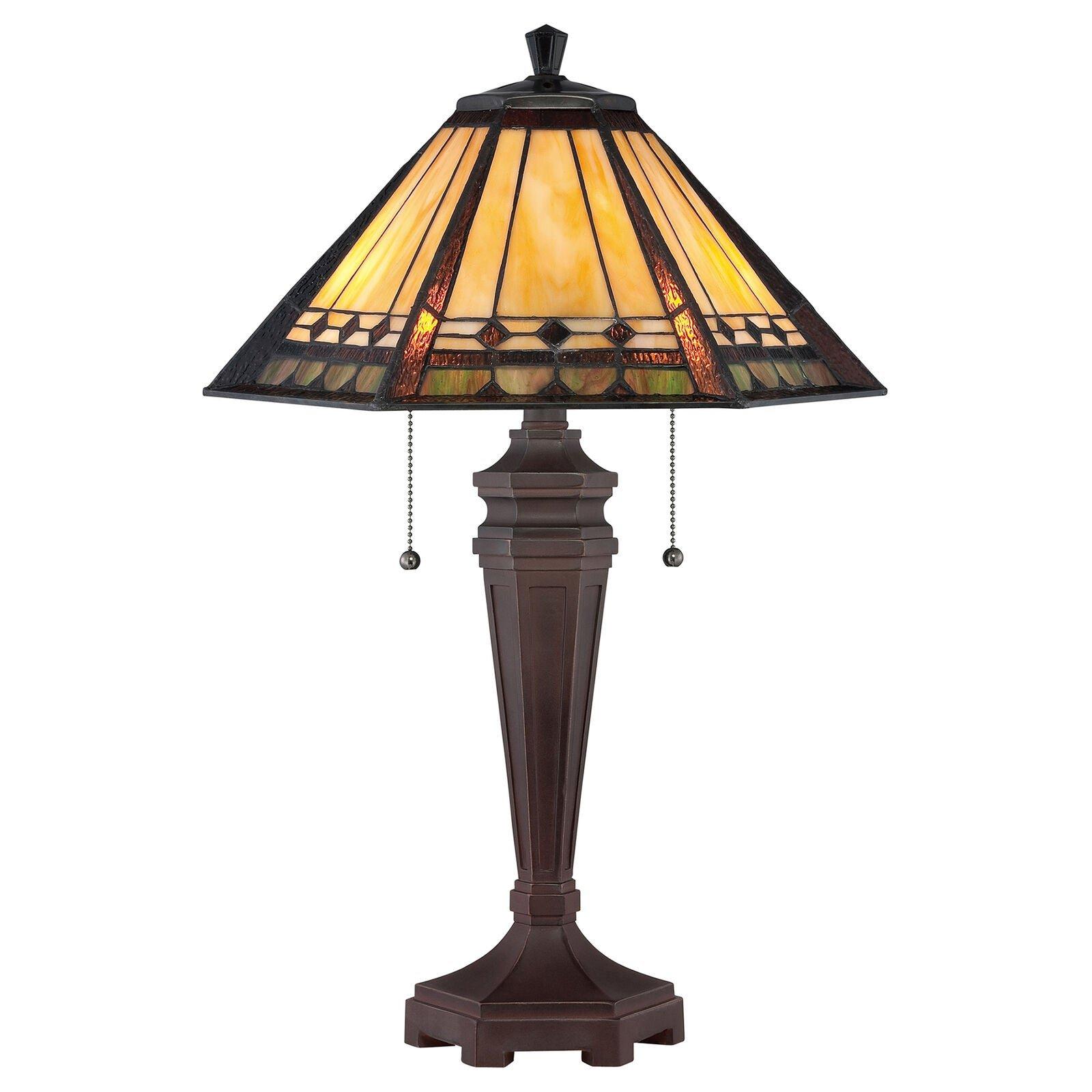 2 Bulb Table Lamp Tiffany Coloured Glass Metal Base Bronze Patina LED E27 60W