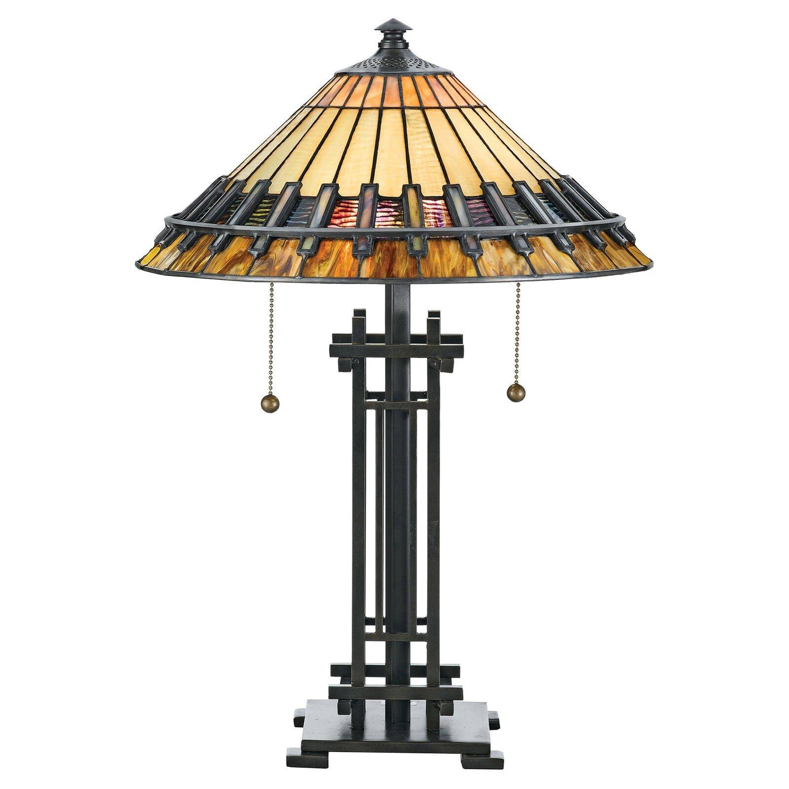 2 Bulb Table Lamp Tiffany Style Coloured Glass Vintage Bronze Base LED E27 60W