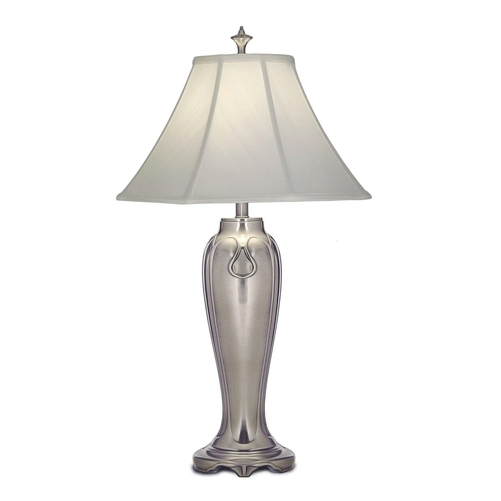 Table Lamp Silvered Look Off White Silk Shantung Shade Nickel LED E27 60W