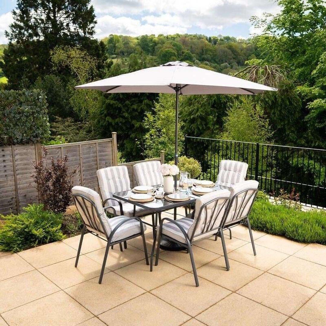 6 Seater Dining Set with Reversible Cushions and Crank Parasol in Grey