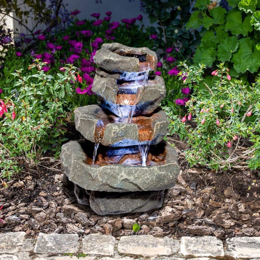 4 Tier Cascading Rock Effect Water Feature with LED Lights