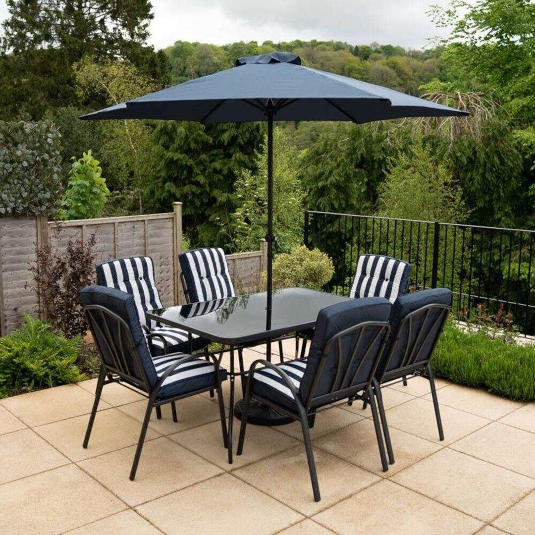 6 Seater Dining Set with Reversible Cushions and Crank Parasol in Navy